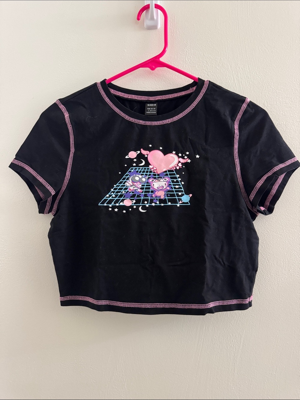 SHEIN Black Crop Tee with Pink Trim and Pastel Space Heart Graphic